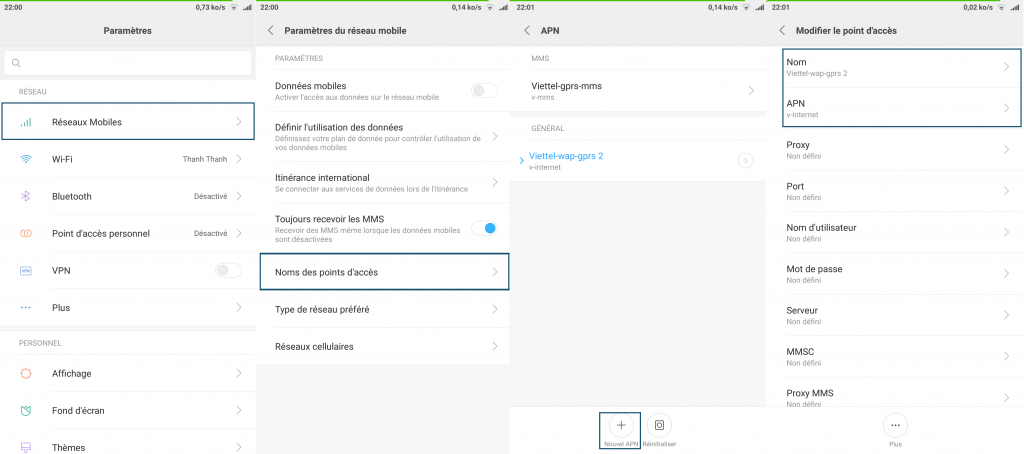Allez dans paramètres => réseau mobile => Nom des points d'accès => Nouvel APN
